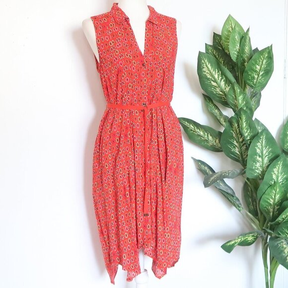 Anthropologie Maeve Vicki Red Sleeveless Button-down Shirt Dress Red Geometric 9 - Picture 1 of 16